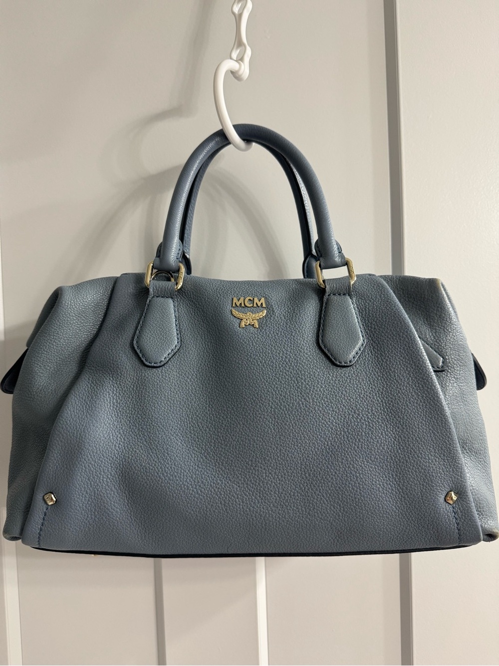 MCM Dusty Blue Pebbled Leather Satchel with Gold Hardware
